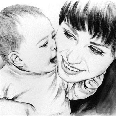 Hand Painted Ink Rendering Portrait of Mother and Baby Kissing - myDaVinci